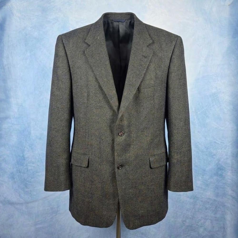 Burberry London Mens 44L Herringbone Tweed Blazer Sport Coat Gray Brown 2 Button